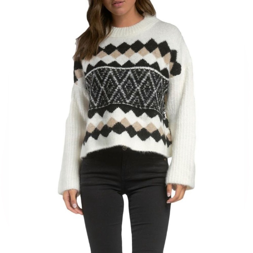Elan Women’s Ivory Black Brown Knit Cozy Pullover Sweater Size S
